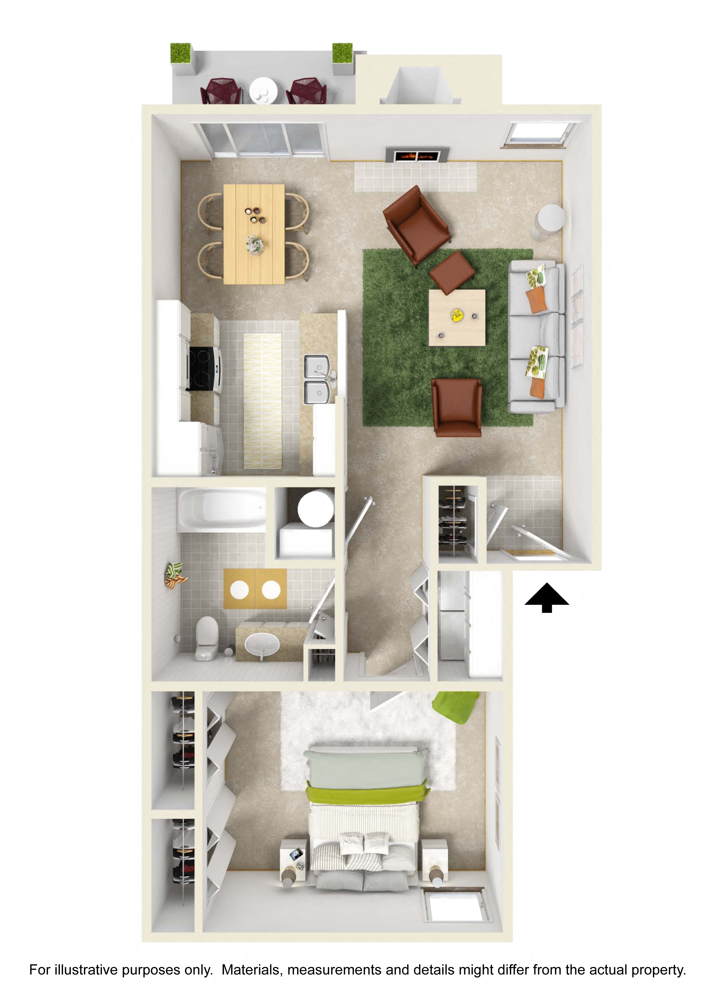 Floor plan for 1 bed, 1 bath, 705 sqft